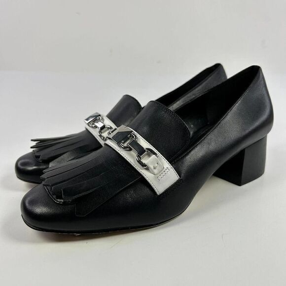 Michael Kors Black Fringe Block Heels US 6 M Horsebit Loafer Slip-On Shoes - Picture 1 of 10